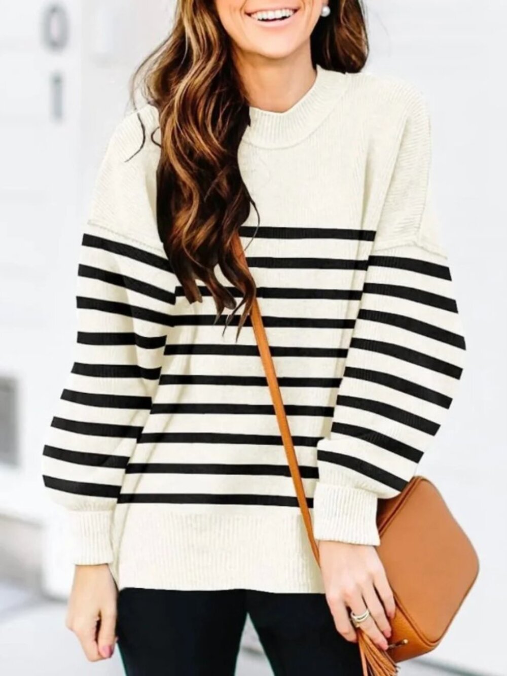 Oversized Striped Crewneck Knit Sweater Cream Black - Small